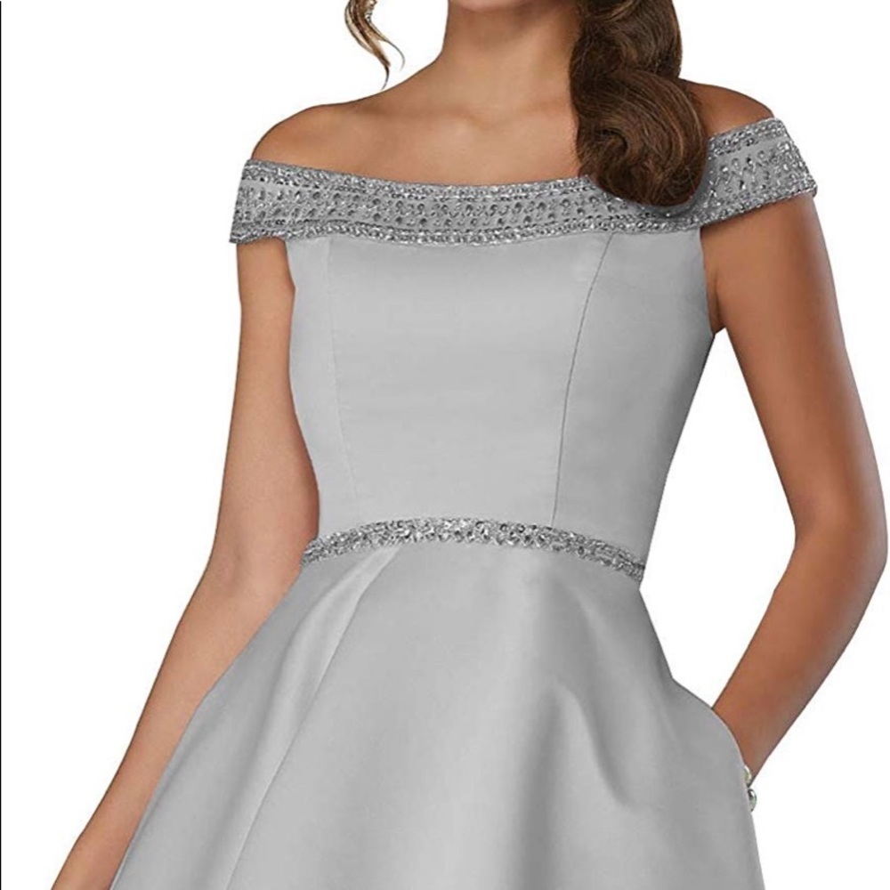 Off-Shoulder Beaded Satin A-line Cocktail Gown
